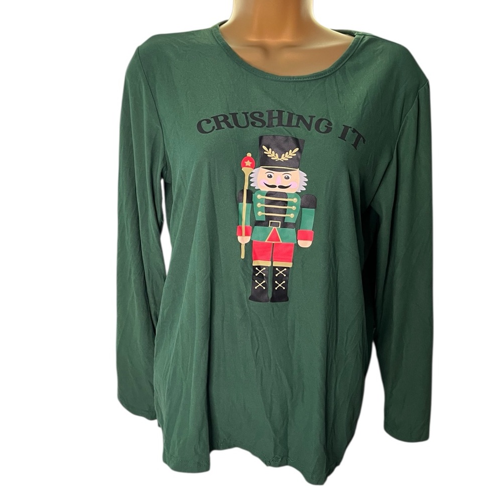 Christmas Nutcracker Graphic Long Sleeve Shirt “Crushing It” Green S